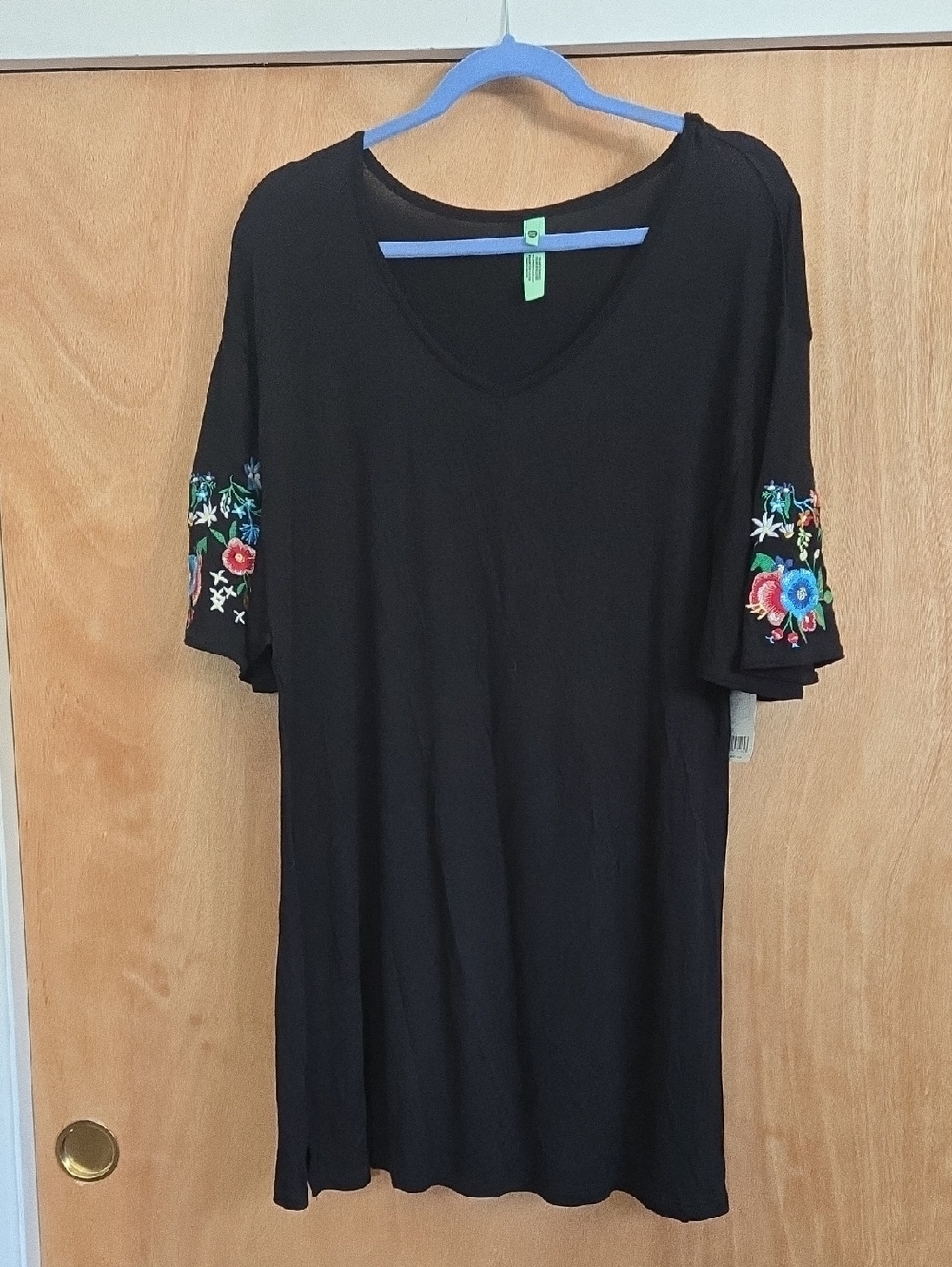 Honeydew Intimates Black V-Neck Tunic with Colorful Floral Sleeve Embroidery